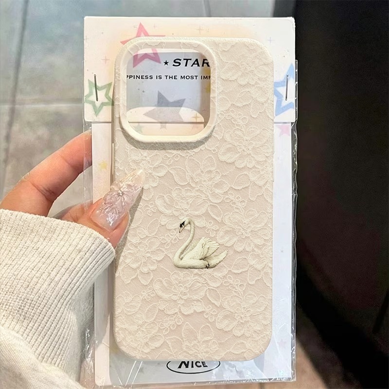 Phone Cases Iphone 17 - Lace Swan Pattern Lychee Texture Phone