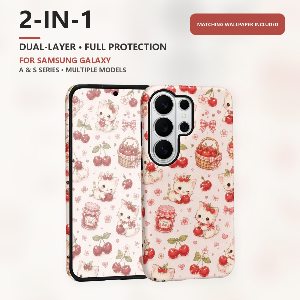 Phone Cases Galaxy A17 - Cute Kitten Cherry Pattern 2-in-1 Dual-Layer